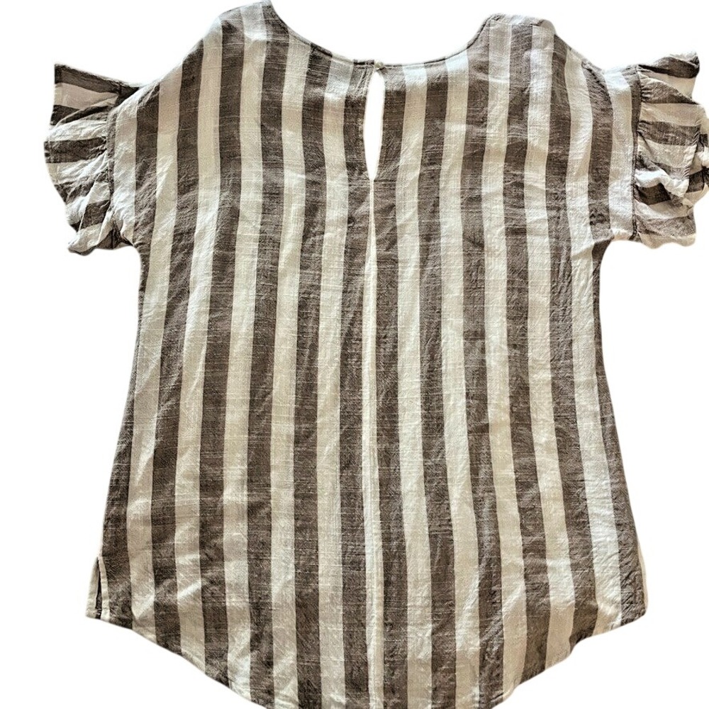 Whispers 100% Linen Top Sz L Ruffle Sleeve Taupe Stripe Lagenlook - Picture 3 of 8